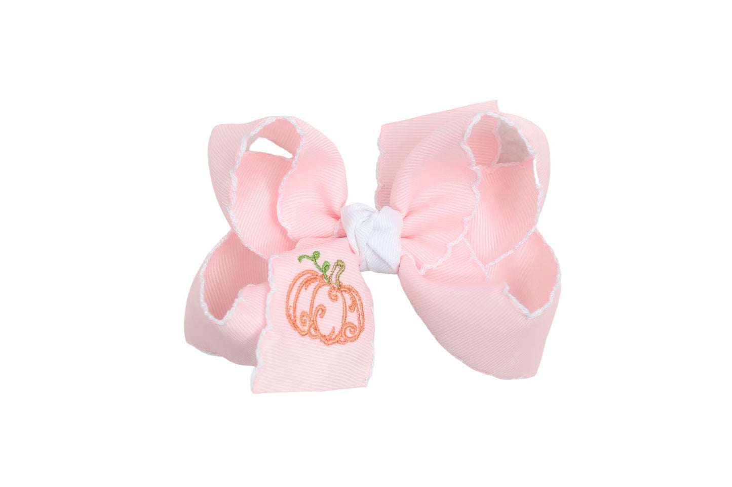 Pink Crochet Edge Bow w/ Pumpkin Embroidery on Alligator Clip