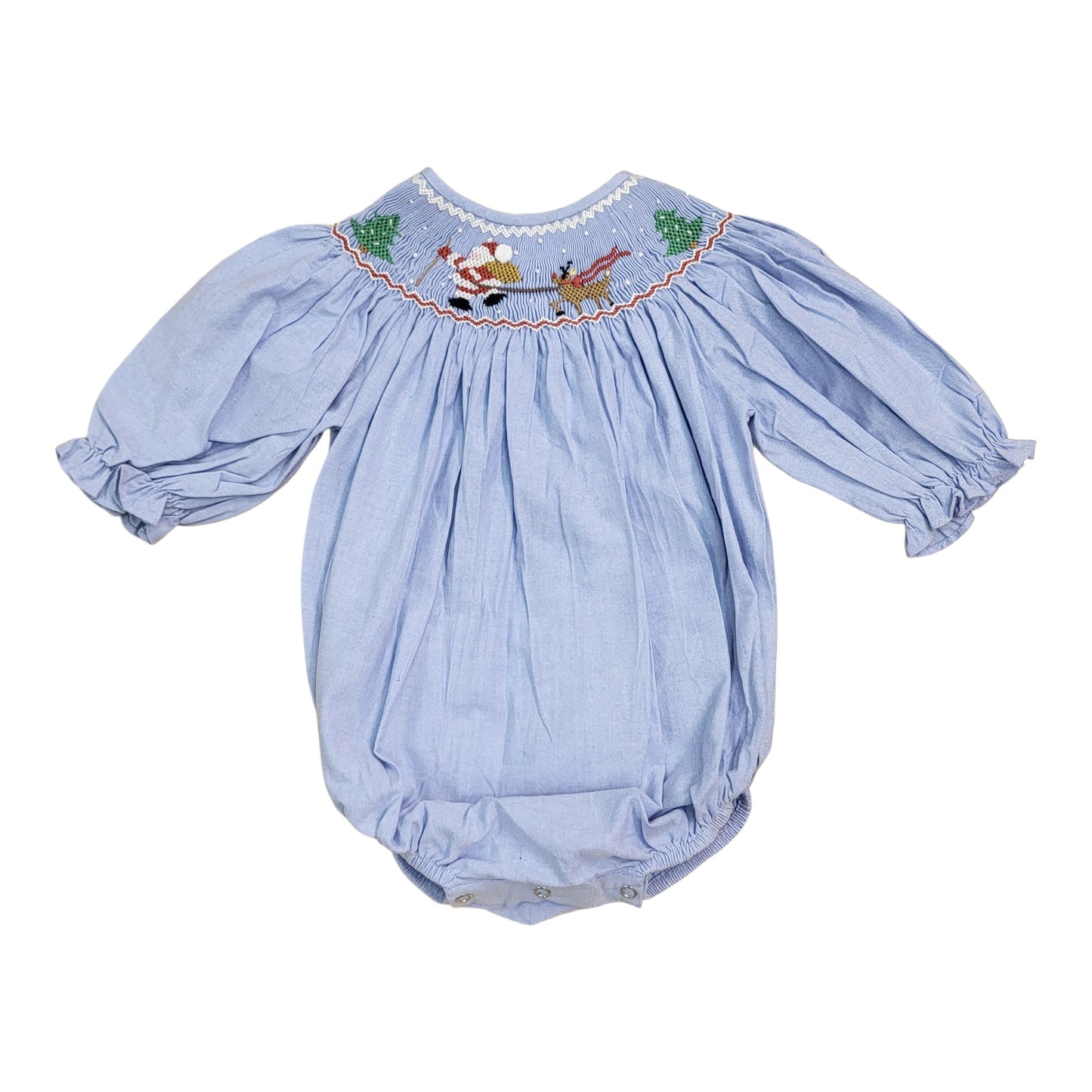 Santa's Coming Blue Chambray Smocked Bubble